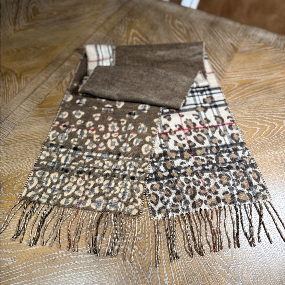 Cashmink Plaid and Cheetah Print Scarf in cream, brown, grey and red - Picture 4 of 9